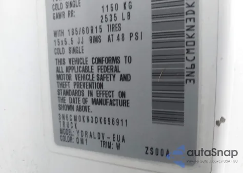 2013 Nissan Nv200 S z USA, uszkodzony, nr VIN 3N6CM0KN3DK696911